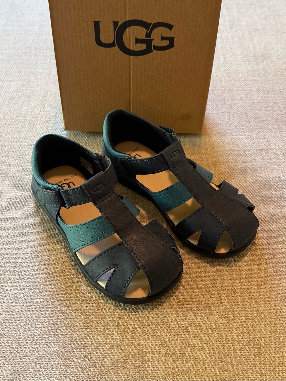 UGG Kylo Boys Blue Leather Sandals Size 11 | Adjustable Hook & Loop Comfort Shoe